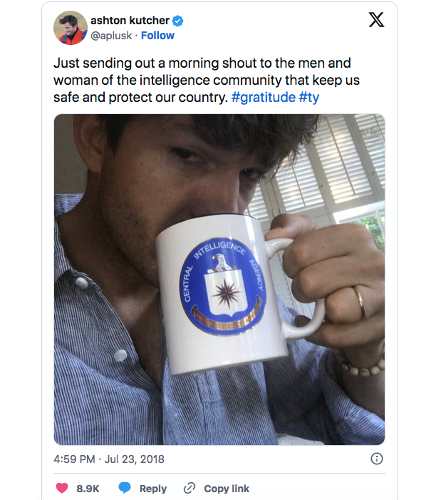 Ashton Kutchers tweet om CIA fra 2018