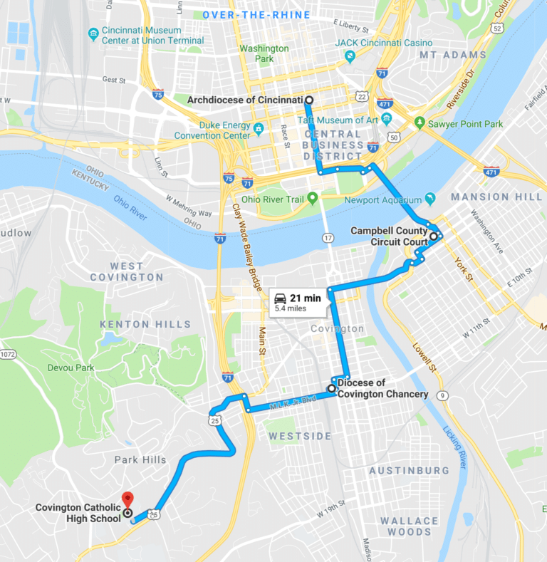 Kort over Cincinnati og Covington adskilt af floden Ohio River