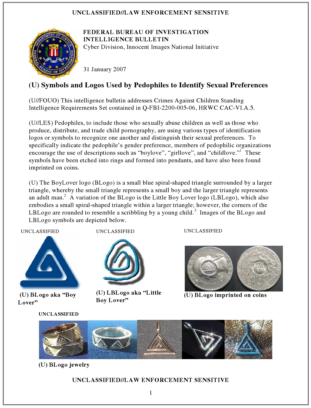 Første side i internt FBI-brev om pædofile symboler