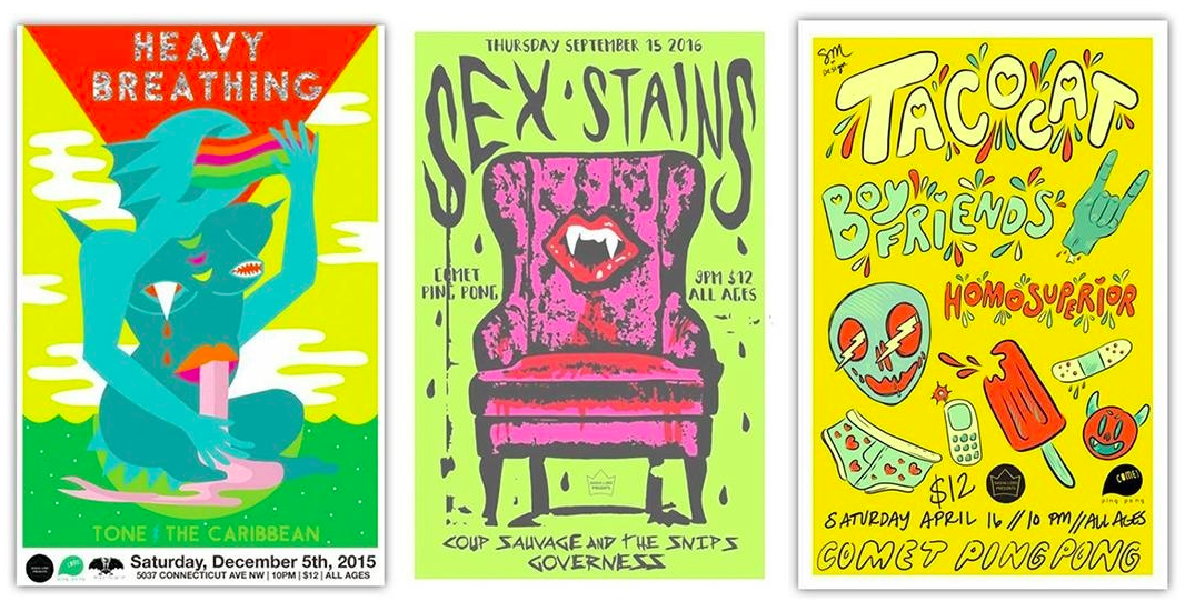 Reklameplakater for Heavy Breathing og Comet Ping Pong musikarrangementer