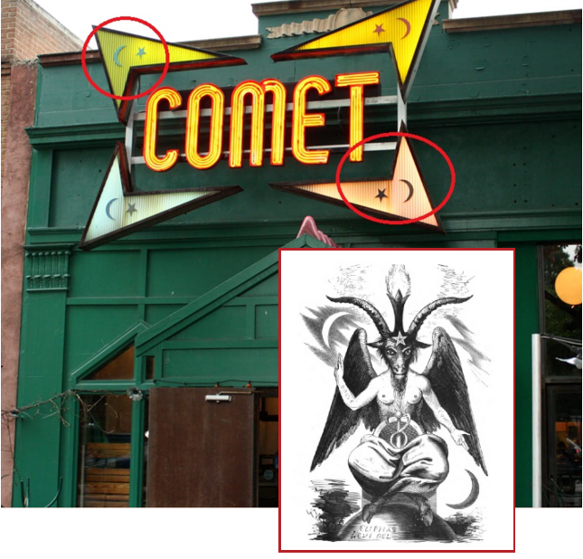 Skilt over indgangsparti til Comet Ping Pong og gedeguden Baphomet