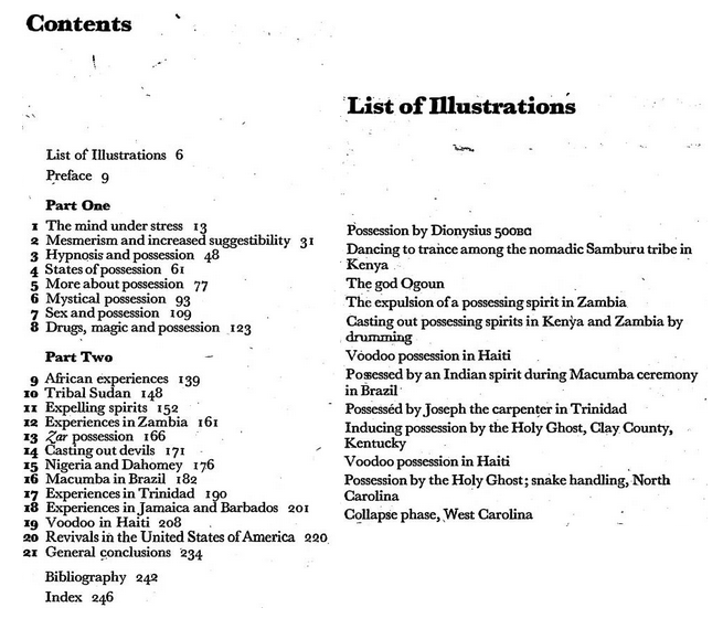 Indholdsfortegnelse og liste med illustrationer til bogen 'Mind pocessed' af William Sargant