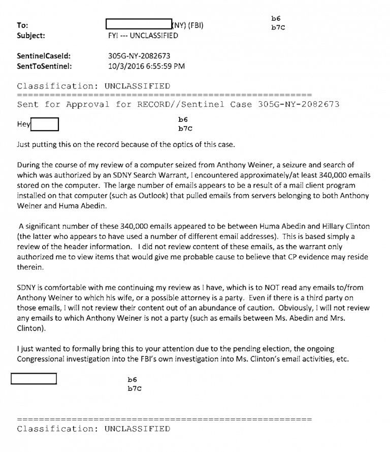 FBI-dokument om undersøgelse i Anthony Weiner-sagen
