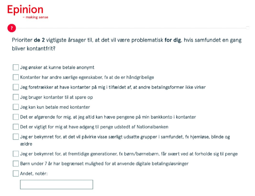 Skærmklip: Spørgsmål fra Nationalbankens undersøgelse