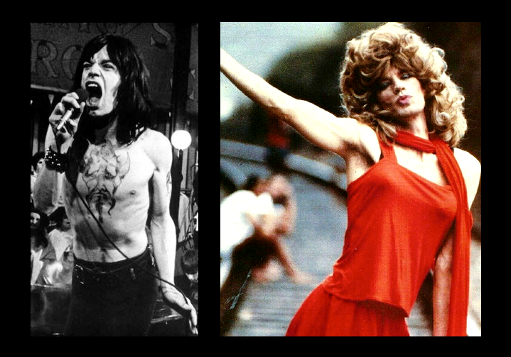 Mick Jagger med djævlen tegnet på brystet og udklædt som kvinde