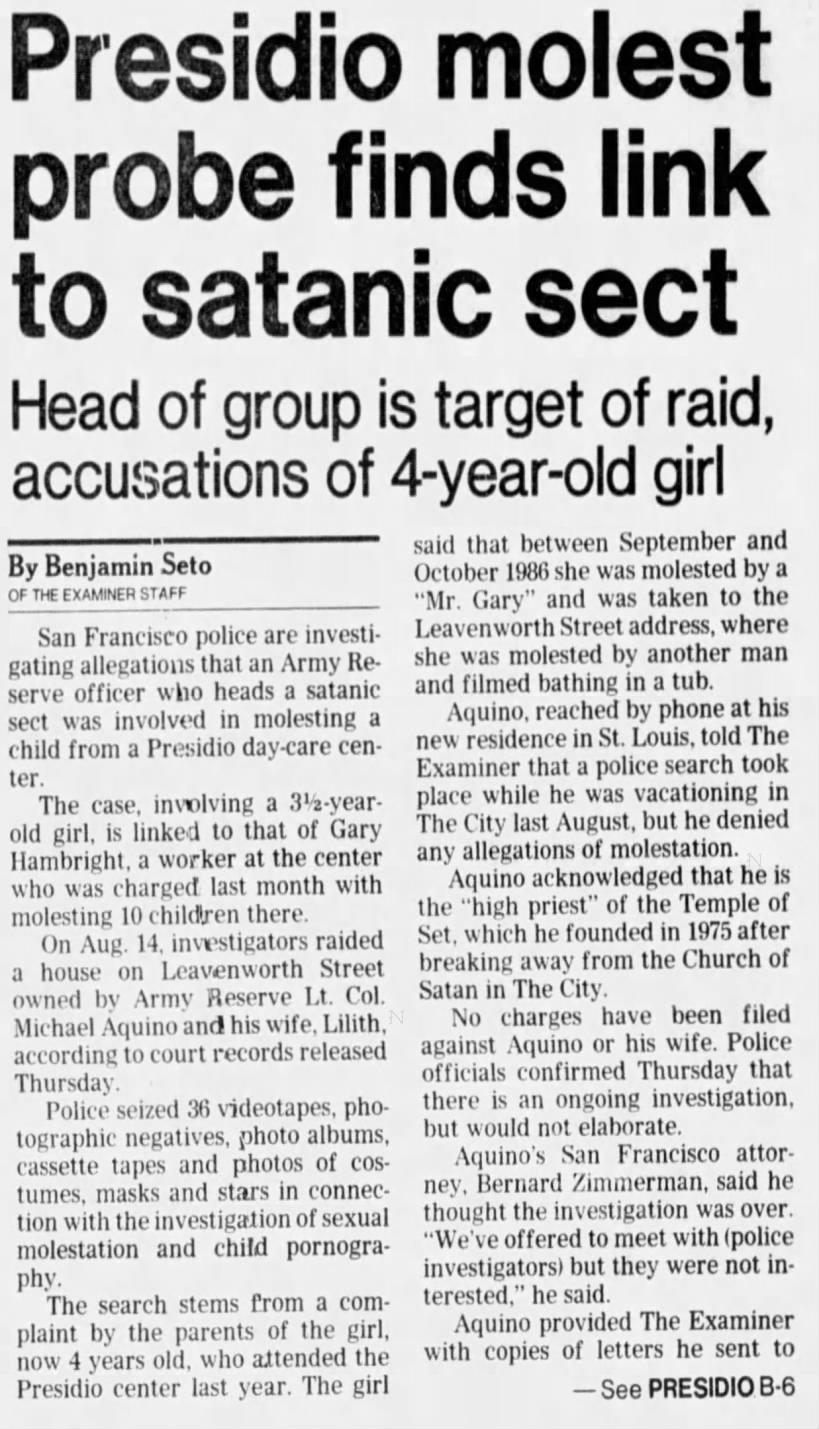 Nyhedsartikel om Michael Aquino og det angivelige overgreb på den dengang 3-årige pige 
											- San Francisco Examiner 30. oktober 1987