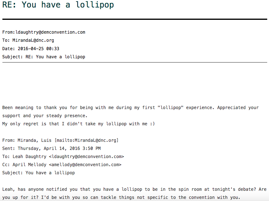 Skærmklip af Wikileaks DNC-mail om 'Slikkepind'.
